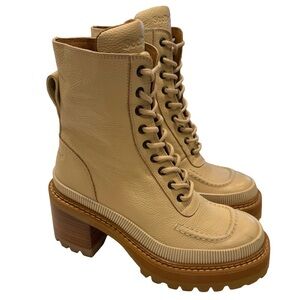 See By Chloe “Mahalia” Tan Leather Combat Boots Stacked Heel Sz US 7 EU 37 NEW